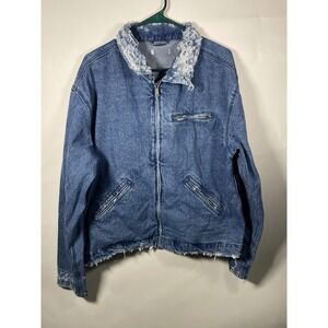 American EagleDistressed Denim Work Jacket Mens‎ M Full Zip Frayed Collar Pocket